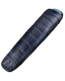 Sac de couchage de type sarcophage MFH en bleu, entièrement en polyester. Il s'adapte parfaitement au corps.